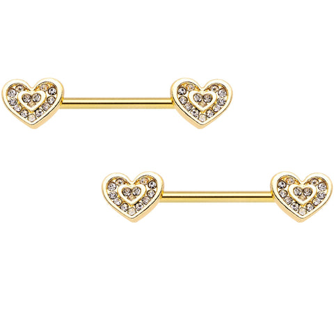 9/16 Clear Gem Gold Tone Plated Heart Barbell Nipple Ring Set