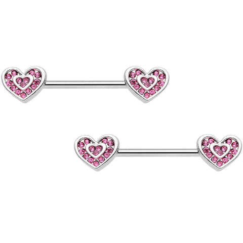 14G 9/16 Pink Gem Passionate Heart Barbell Nipple Ring Set