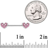 14G 9/16 Pink Gem Passionate Heart Barbell Nipple Ring Set