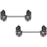 14G 9/16 Pink Gem Hamsa Hand Barbell Nipple Ring Set