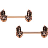 9/16 Clear Gem Rose Gold Tone Hamsa Hand Barbell Nipple Ring Set