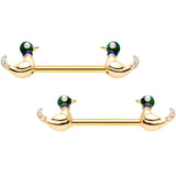 14G 9/16 Clear Gem Gold Tone Just Ducky Barbell Nipple Ring Set