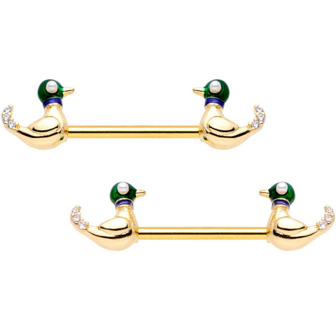 14G 9/16 Clear Gem Gold Tone Just Ducky Barbell Nipple Ring Set