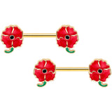 14G 9/16 Gold Tone Blooming Poppies Barbell Nipple Ring Set