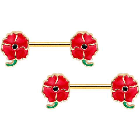 14G 9/16 Gold Tone Blooming Poppies Barbell Nipple Ring Set