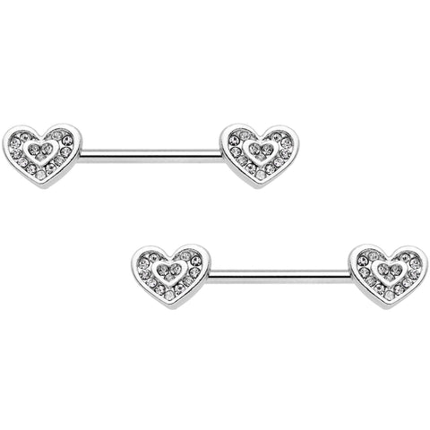 14G 5/8 Clear Gem Wrapped Hearts Barbell Nipple Ring Set