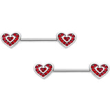14G 5/8 Red Gem Wrapped Hearts Barbell Nipple Ring Set