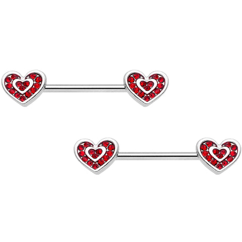 14G 5/8 Red Gem Wrapped Hearts Barbell Nipple Ring Set