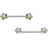 14G 9/16 Aqua Gem Precious Flower Barbell Nipple Ring Set