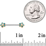14G 9/16 Aqua Gem Precious Flower Barbell Nipple Ring Set