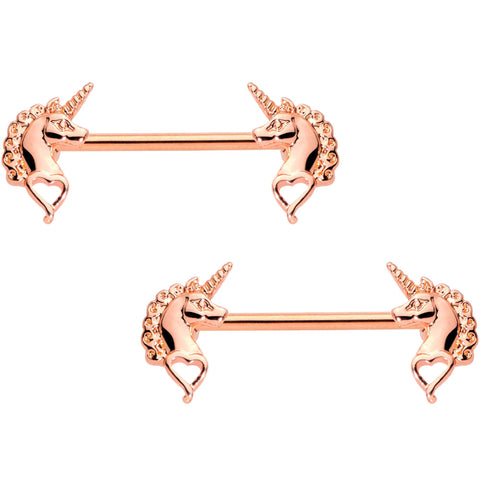 14G 5/8 Rose Gold Tone Anodized Unicorn Barbell Nipple Ring Set