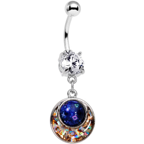 Clear CZ Gem Mysterious Galaxy Glitter Mosaic Inlay Dangle Belly Ring