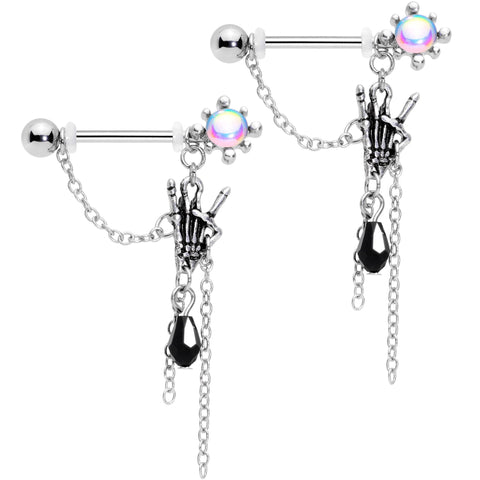 9/16 Black Gem Skeleton Heavy Metal Dangle Barbell Nipple Ring Set