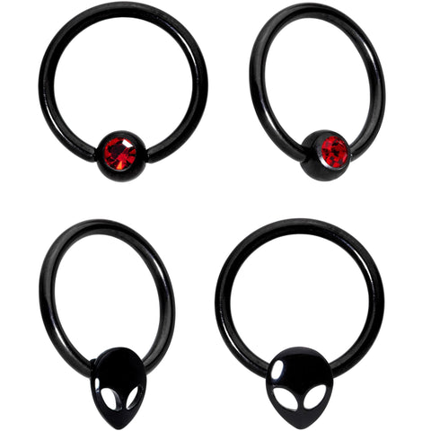 14G 13mm Red Gem Alien Black BCR Captive Nipple Ring Set Of 4