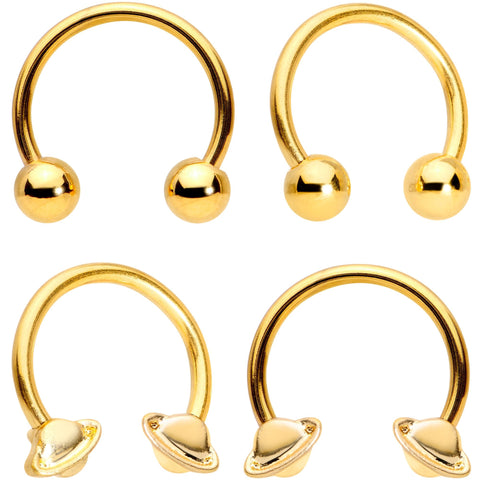 14G 13mm Gold Tone Sexy Saturn Horseshoe Nipple Ring Set