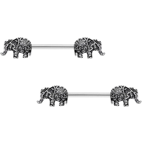 14G 9/16 Ornate Pattern Elephant Barbell Nipple Ring Set