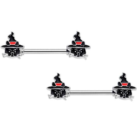 14G 9/16 Halloween Witch Way Black Cat Barbell Nipple Ring Set