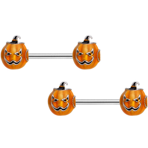 14G 9/16 Sinister Jack O Lantern Barbell Nipple Ring Set