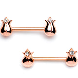 14G 9/16 Clear Gem Rose Gold Tone Tulip Flower Barbell Nipple Ring Set