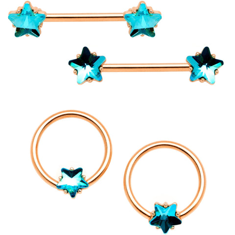 14G Blue Gem Star Rose Gold Tone BCR Barbell Nipple Ring Set