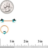 14G Blue Gem Star Rose Gold Tone BCR Barbell Nipple Ring Set