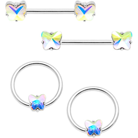 14G Aurora Gem Butterfly Captive Barbell Nipple Ring Set