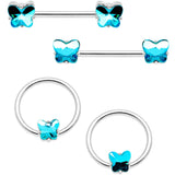 14G Blue Gem Butterfly Captive Barbell Nipple Ring Set