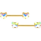 14G Aurora Gem Butterfly Gold Tone BCR Nipple Ring Set