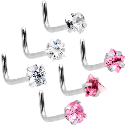 20G 5/16 Clear Pink Gem Variety L Shaped Nose Ring 6 Pack Set