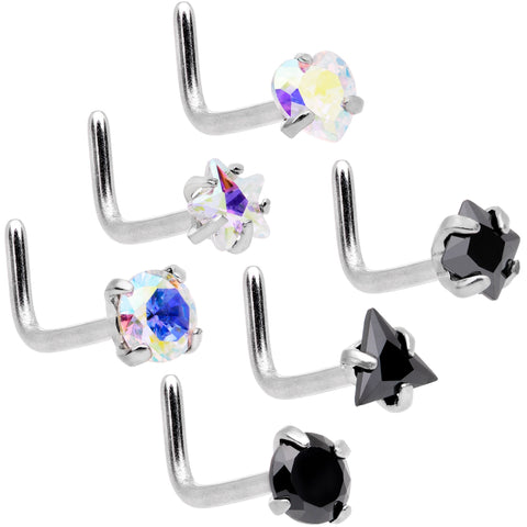 20G 5/16 Aurora Black Gem Variety L Shaped Nose Ring 6 Pack Set