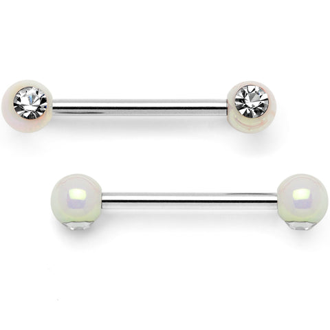 9/16 Clear Gem White Pearlescent Acrylic Barbell Nipple Ring Set