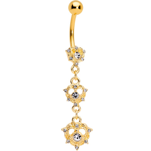 Clear CZ Gem Gold Tone Anodized Triple Heart Dangle Belly Ring