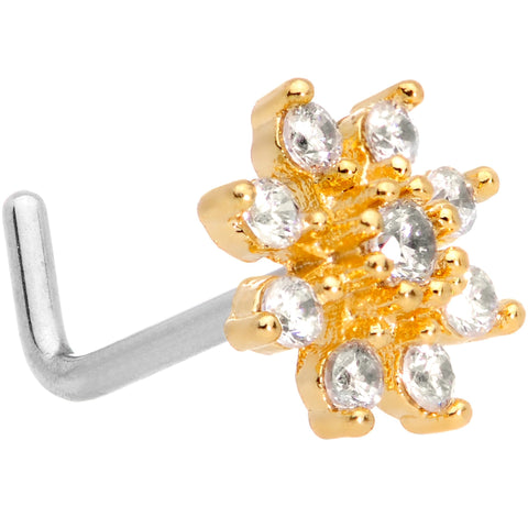 20G 1/4 Clear CZ Gem Gold Tone Flower L Shaped Nose Ring