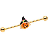 14G Gold Tone Halloween Jack O Lantern Industrial Barbell 38mm