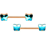 14G Blue Gem Butterfly Rose Gold Hue BCR Barbell Nipple Ring Set