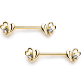 14G 9/16 Clear Gem Gold Tone Love Wave Barbell Nipple Ring Set