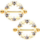 14G 7/8 Clear Gem Gold Tone Ring of Stars Nipple Shield Set