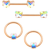 14G Aurora Gem Rose Gold Hue Butterfly BCR Barbell Nipple Rings