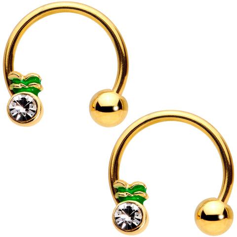 14G 9/16 Clear Gem Gold Tone Pineapple Horseshoe Nipple Ring Set
