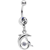 Clear CZ Gem Abstract Dancing Dolphin Dangle Belly Ring