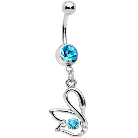 Clear Aqua CZ Gem Floating Modernist Swan Dangle Belly Ring