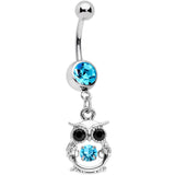 Black Aqua CZ Gem It's A Hoot Owl Dangle Belly Ring