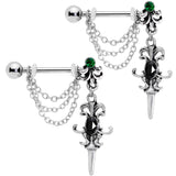 14G 9/16Black Green Gem Chain Sword Barbell Nipple Ring Set