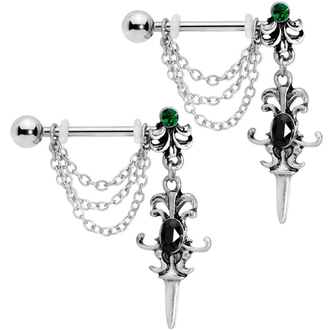 14G 9/16Black Green Gem Chain Sword Barbell Nipple Ring Set
