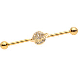 14G Clear Gem Gold Tone Planet Saturn Industrial Barbell 38mm