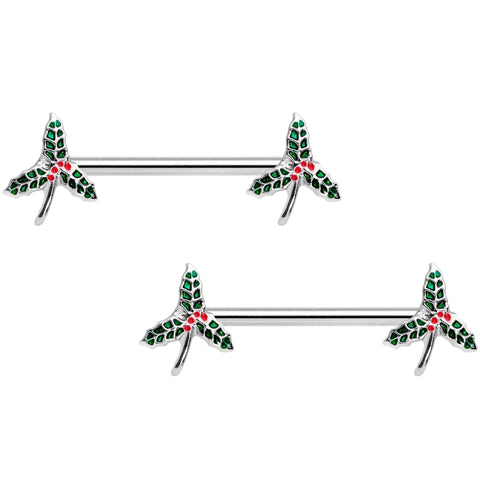 14G 9/16 Holiday Mistletoe Barbell Nipple Ring Set