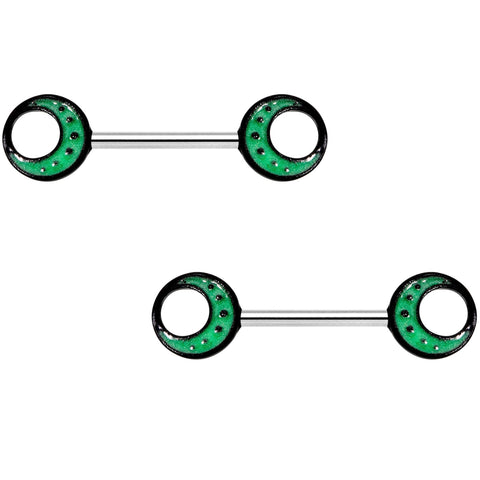 14G 9/16 Glow in the Dark Green Moon Barbell Nipple Ring Set