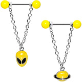 14G 9/16 Yellow Glow Alien Saturn Dangle Barbell Nipple Ring Set