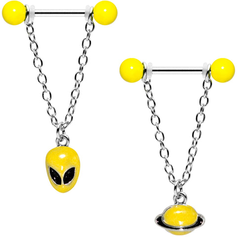 14G 9/16 Yellow Glow Alien Saturn Dangle Barbell Nipple Ring Set