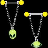 14G 9/16 Yellow Glow Alien Saturn Dangle Barbell Nipple Ring Set